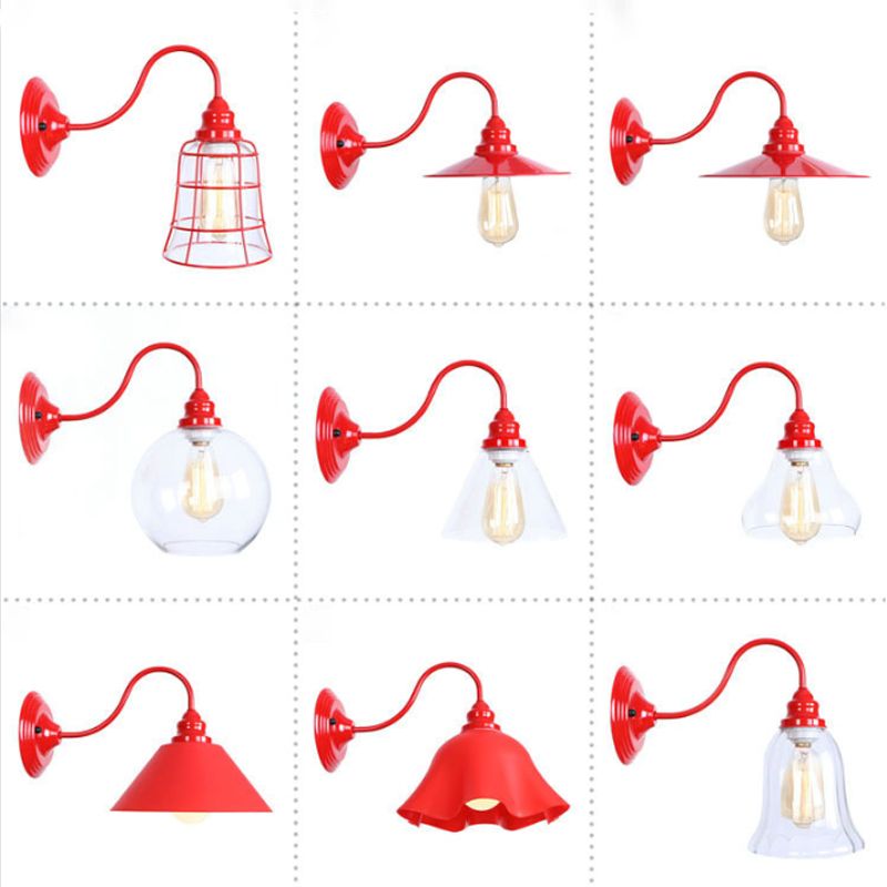 Iron Red Wall Light Kit Gooseneck 1 Bulb Loft Style Wall Lighting with Cone/Sphere/Bell Clear Glass Shade