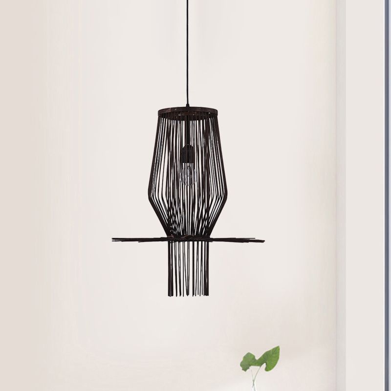 Modern Style Hand-Woven Hanging Lighting Bamboo 1-Bulb Dining Room Pendant Lighting in Black