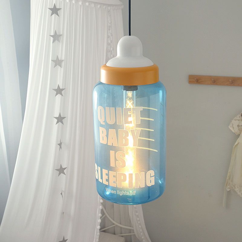 Kids Style Milk Bottle Drop Pendant Blue Glass 1-Head Baby Room Hanging Ceiling Light