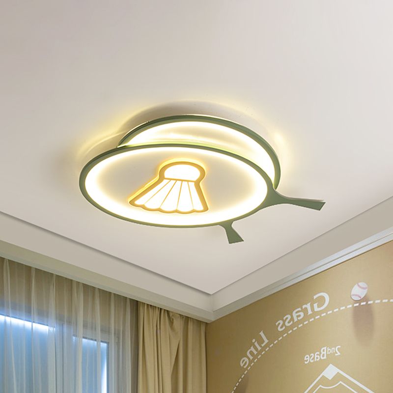 Green Racket Shade Flush Ceiling Light with Badminton Pattern Kids Acrylic LED Ceiling Lamp, Warm/White Light