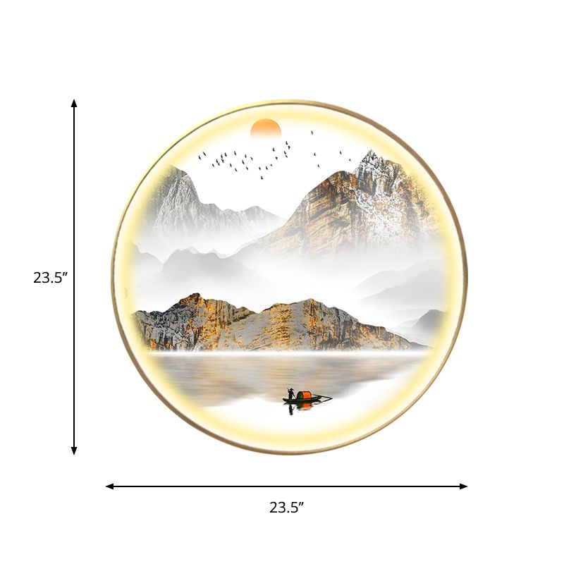 Gold Round Wall Mount Light Fixture Oriental LED Metallic Wall Mural Lamp with Mountain and Sun Pattern