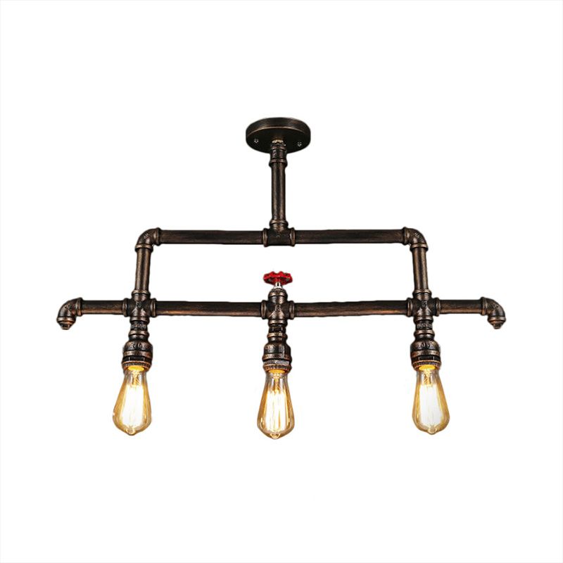 3 Lights Linear Island Lighting Steampunk Bronze Metal Island Pendant Lamp with Pipe and Valve Decoration