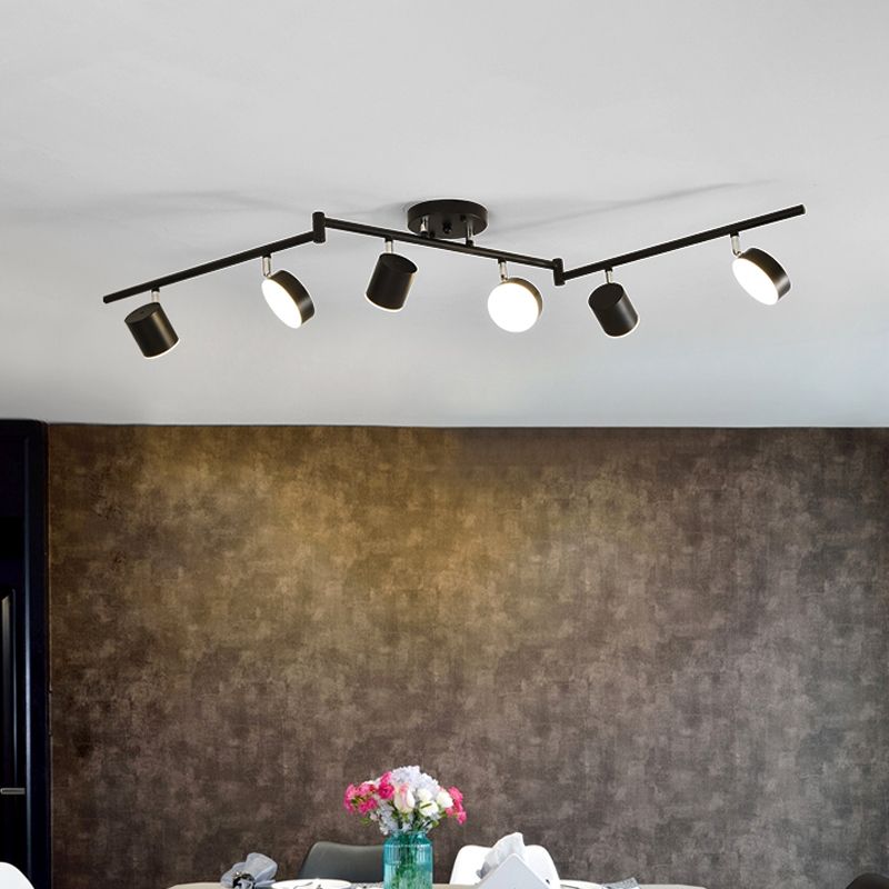 Metalen trommel Semi Mount Lighting Moderne stijl 6 Lichten LED -plafondarmatuur in zwart met lineair ontwerp