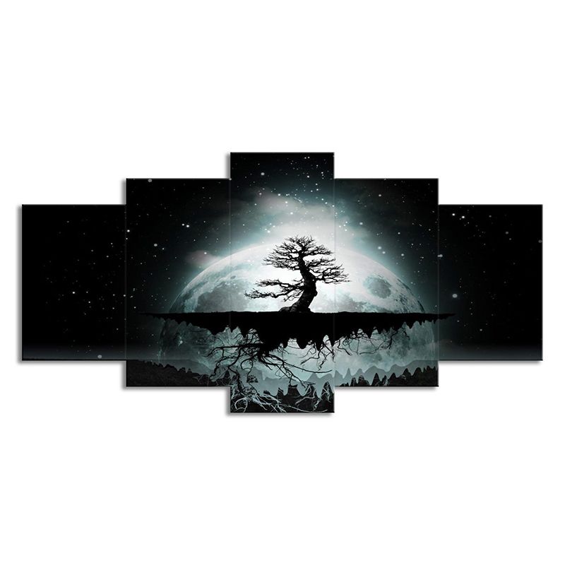 Tree of Life Wall Art Indoor Full Moon Starry Sky Scene Canvas in Green for Decor