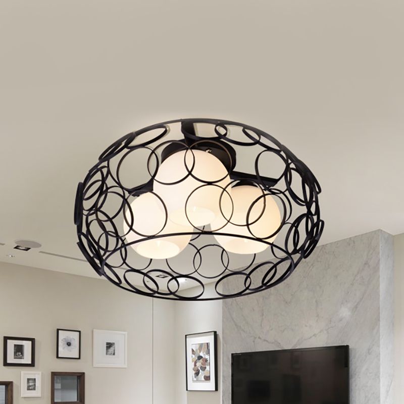 Drum ijzeren kooi inbouw plafondlamp met glazen bolkap Scandinavisch wit/zwart eetkamer plafondlamp