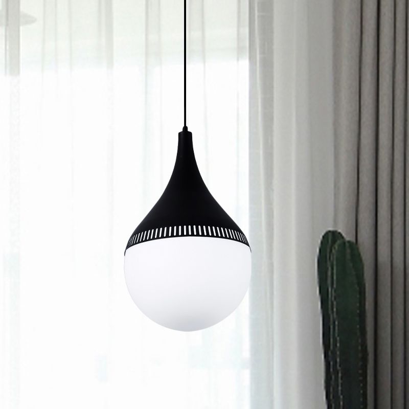 Modern Teardrop Hanging Ceiling Light Cream Glass 1 Head Corridor Pendant Lamp in Black
