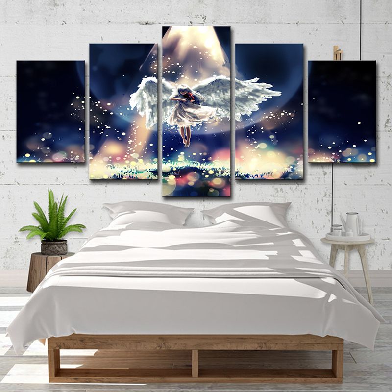 Fantasy Firefly and Angel Canvas Cartoon Multi-Piece Wall Art in Black-Blue