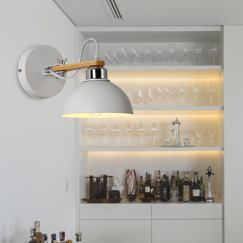 1 Light Bowl Shaped Wall Sconce Simple Style White Metallic and Wood Wall Lighting Fixture for Bedroom