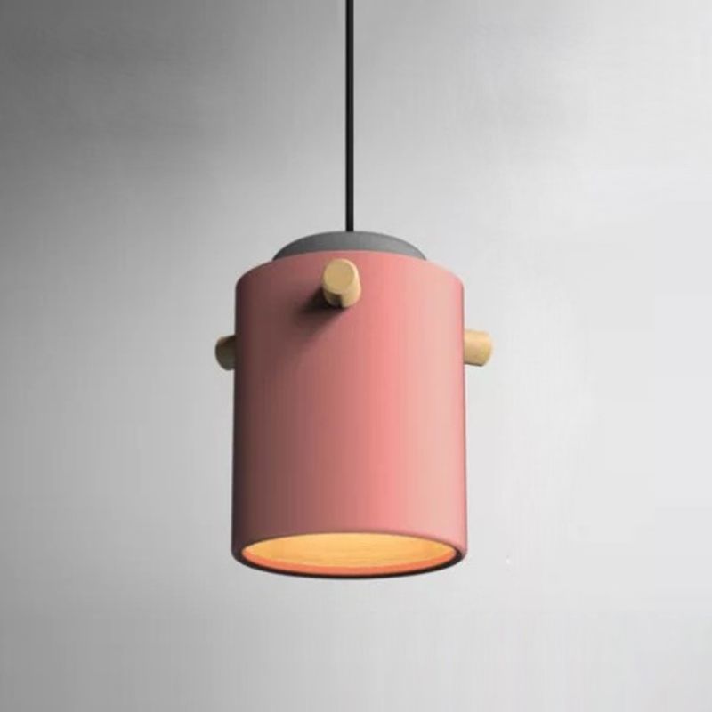 Cylindrical Metal Pendant Lamp Macaron 1 Head Solid Wood Ceiling Hanging Light