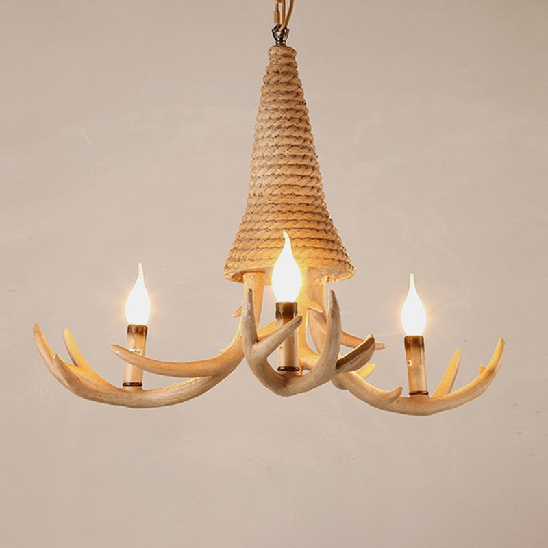 Beige Elk Shaped Chandelier Lamp Traditional Metal and Rope 3/5 Lights Living Room Hanging Light
