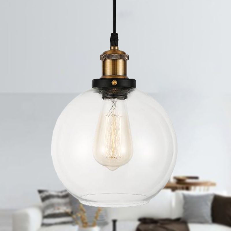 Clear Glass Globe Hanging Pendant Light with Adjustable Cord Industrial Suspension Lamp in Brass