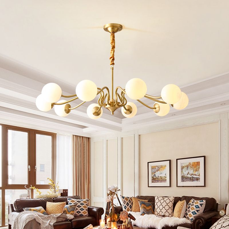 American Style Chandelier White Glass Multi Light Hanging Light with Brass for Bedroom