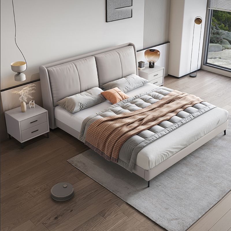 Modern Pine Wood Panel Bed Genuine Leather Bed Frame with Upholstered Headboard