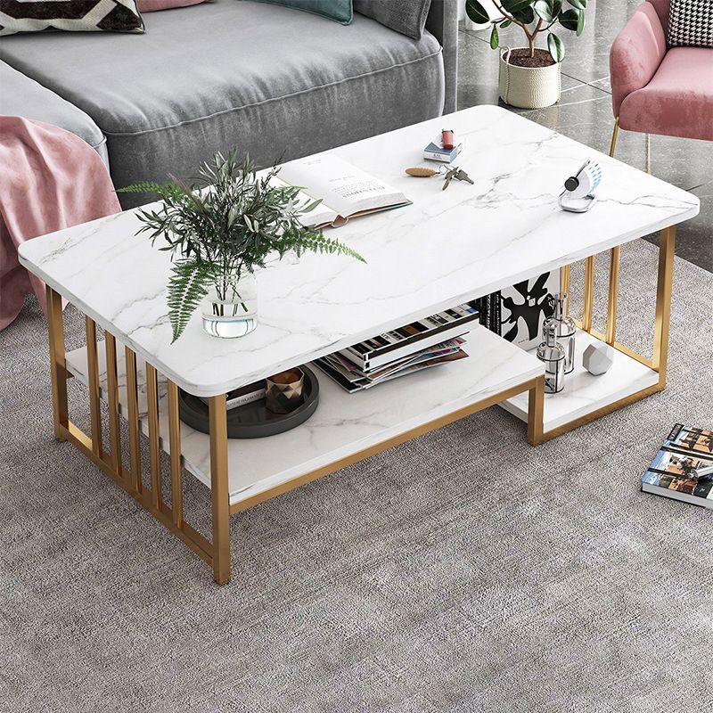 Modern Metal Marble Coffee Table Rectangle Cocktail Table with Shelf