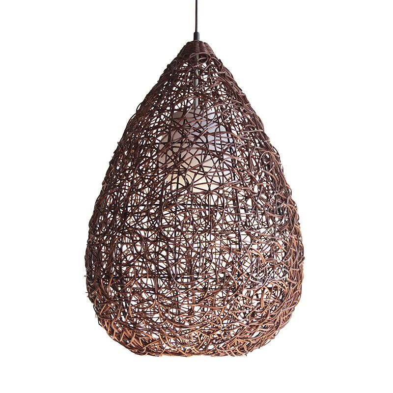 Chinese 1 Bulb Hanging Light Brown Pear Pendant Lighting Fixture with Rattan Shade