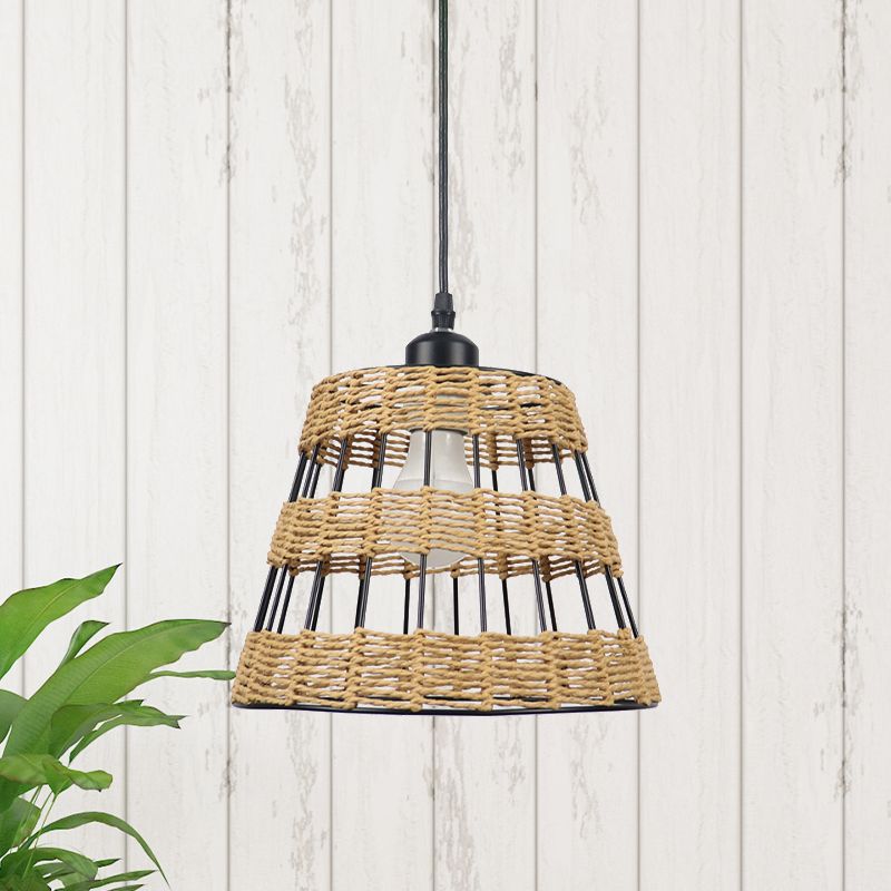 Asian Style Cone Hanging Light Fixture Metal and Rattan 1/3-Head Restaurant Pendant Lamp in Beige