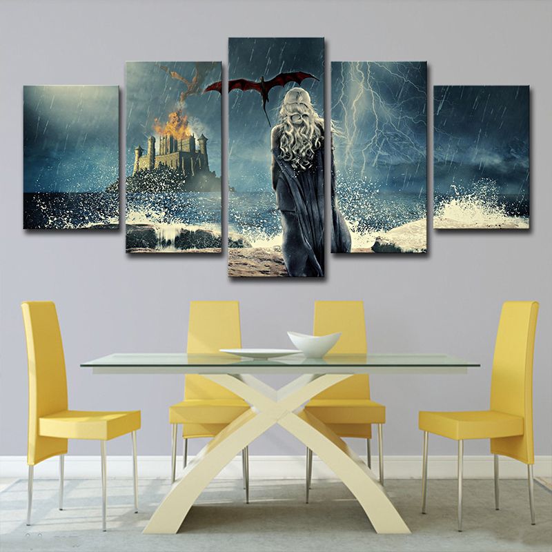 Rainy Night Castle Wall Art Kids Mysterious Game Scene Canvas in Blue for Living Room