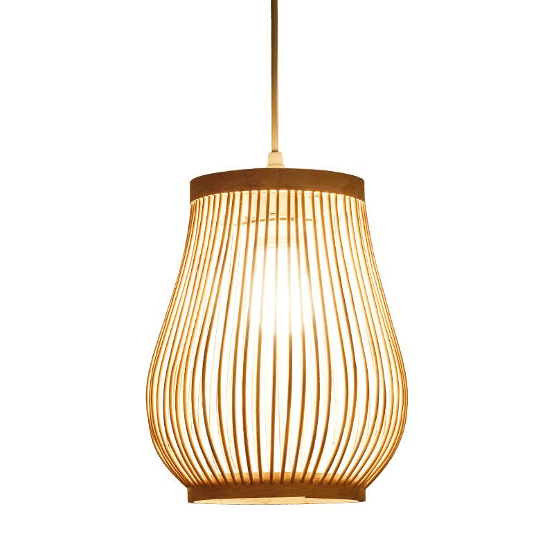 Hand-Worked Pear Cage Drop Pendant Asia Bamboo 1 Bulb Terrace Ceiling Light in Wood