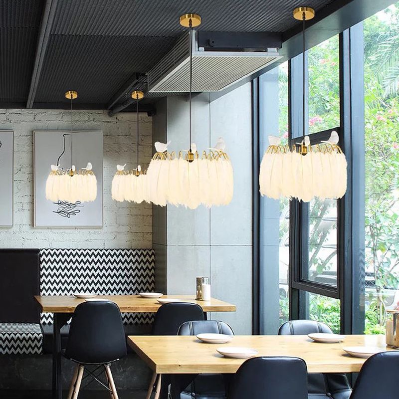 Drum Hanging Light Fixture Modern Feather Living Room Ceiling Pendant Lamp in White