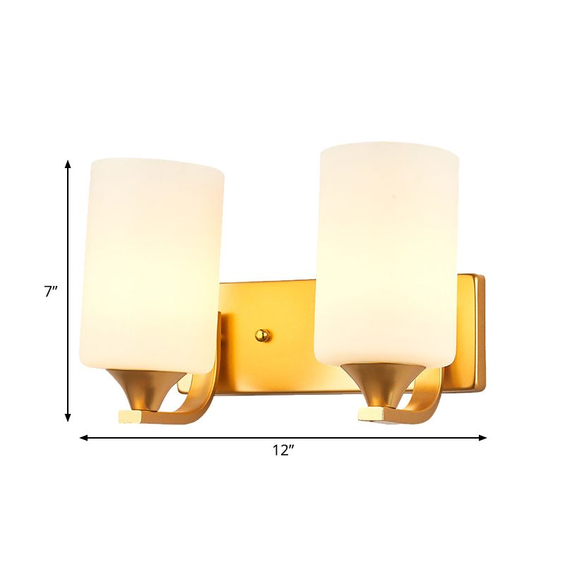 2-Bulb Wall Mount Lamp Traditional Cylindrical Milky Glass Wall Lighting Fixture in Gold