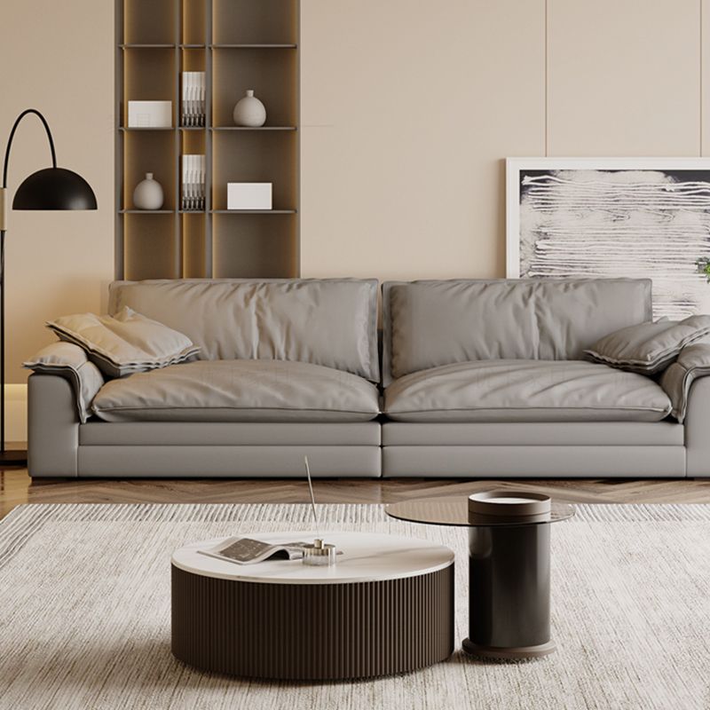 Grey Contemporary Faux Leather Pillow Top Arm Sofa with Loose Back for Living Room