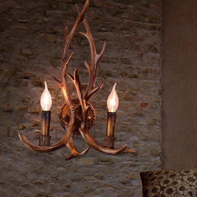 2 Heads Resin Wall Light Classic Brown Deer Horn Restaurant Wall Lighting Fixture with Candle Decor