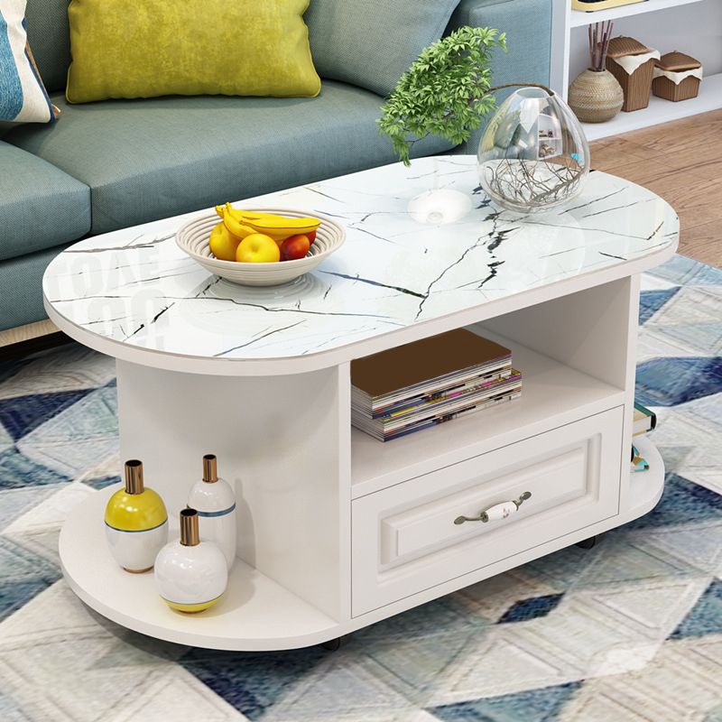 modern oval gals top coffee table with shelf and drawer and Casters