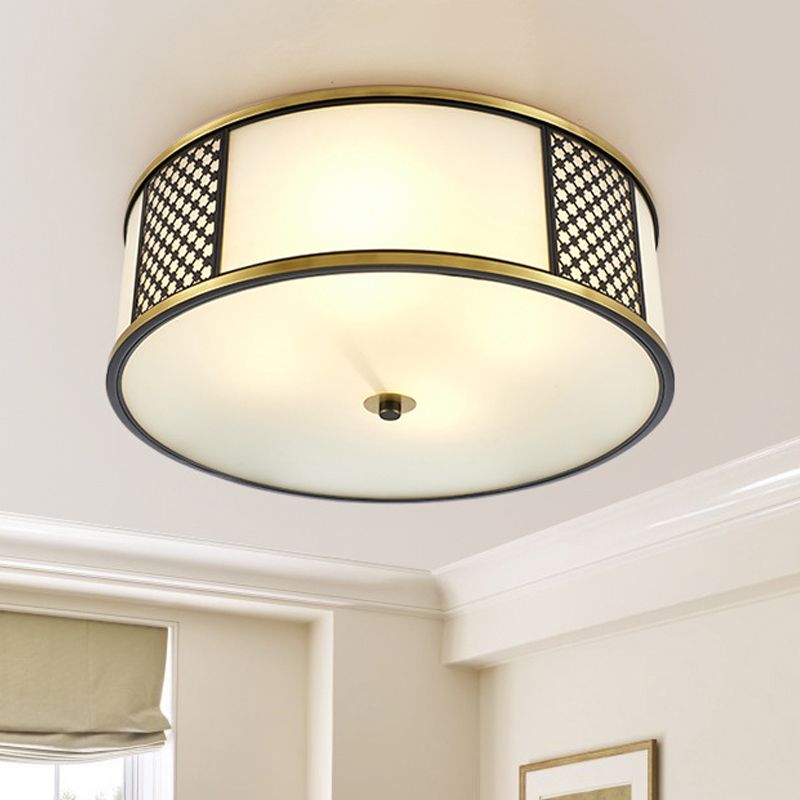 Messing Drum Flush Mount Verlichting Traditioneel Wit Glas 5 Lampen Woonkamer Plafond Lamp, 16 "/19.5" W