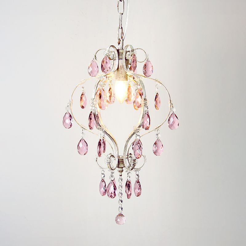 Lantern Ceiling Pendant Light Classic Metal 1-Head Suspension Lamp in Distressed White with Crystal Accents