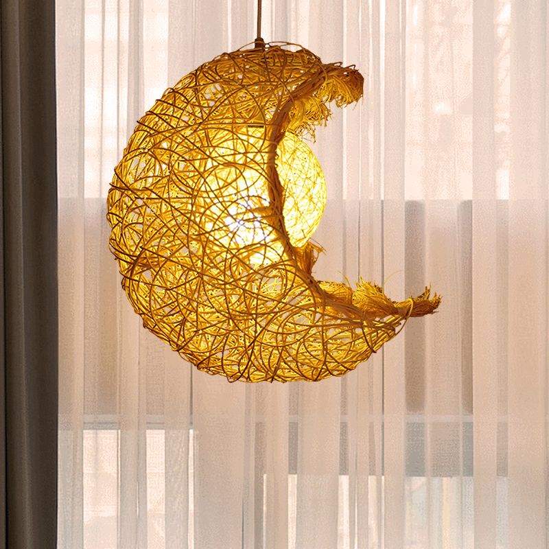 Lámpara colgante de luna en forma de ratán de punto a mano lámpara colgante rústica de luz rústica en beige para la habitación de los niños