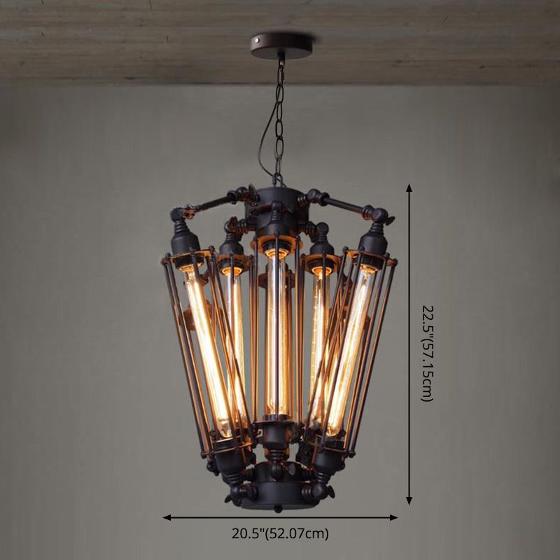 Black 8-Light Pendant Light in Industrial Retro Style Wrought Iron Linear Hanging Lamp