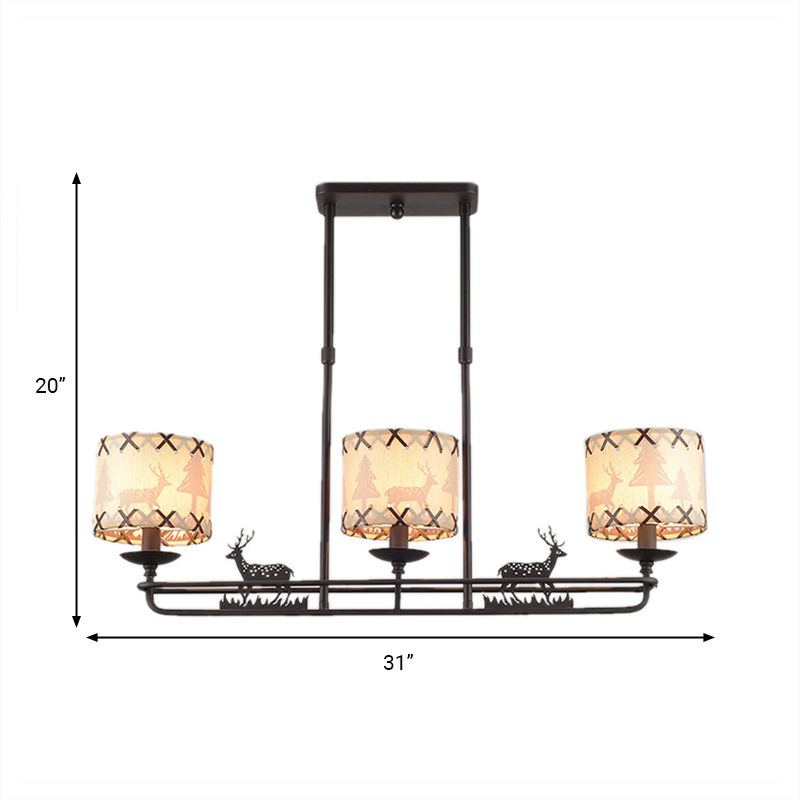 3 Lights Dining Room Island Lighting Traditional Black Hanging Lamp with Barrel Fabric Shade