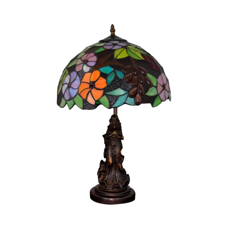 Tiffany Glass Trauben Tischlampe Barock 1-Bulb Braun/grün/weißbraunes Nachtstand Licht mit Mädchenbasis