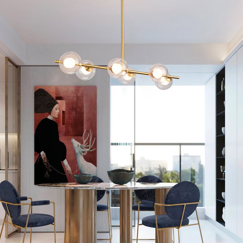 Mid-Century Gold Metal Island Pendant Lighting Spherical Glass Island Ceiling Light for Dining Table