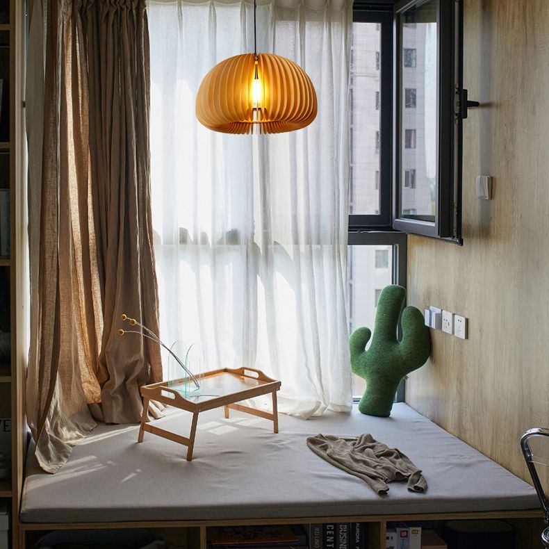 Wood Pumpkin Hanging Pendant Light Japanese Style Beige Pendant Lighting Fixture