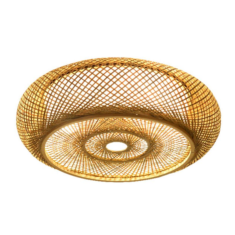 Wooden Circular Ceiling Light in Asian Simplicity Weave Bamboo Flush Mount for Corridor