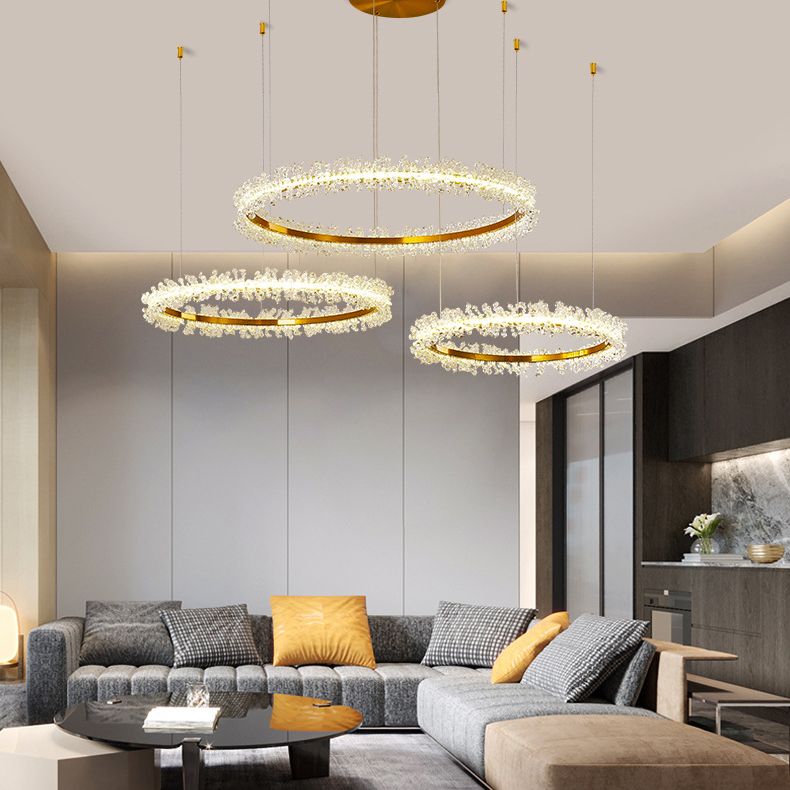 Simple Stylish Ring Pendant Chandelier Flower Crystal Living Room LED Hanging Light in Gold