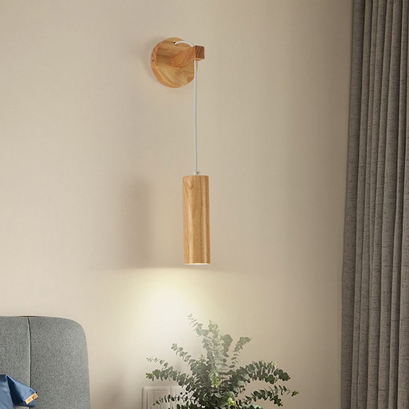 Modern Style Cylinder Shape Wall Light Wood 1 Light Sconces for Bedroom