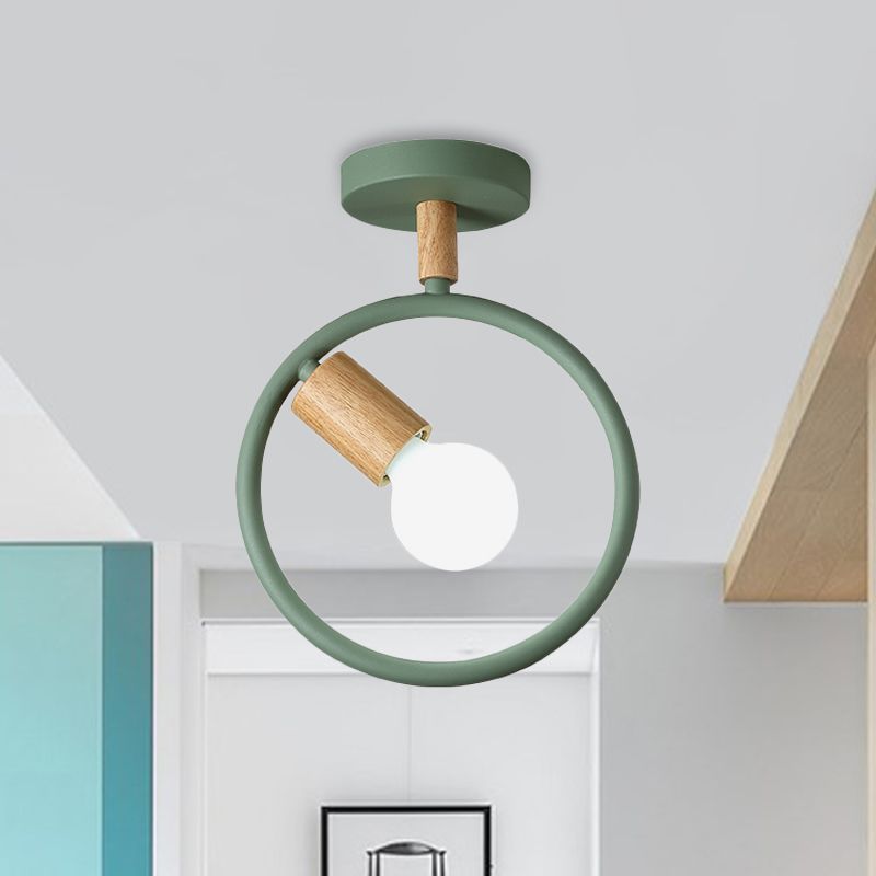 Circle Metal Flushmount Lighting Simple 1 Bulb Grey/Green/White Semi Close to Ceiling Lamp with Tube Wood Arm