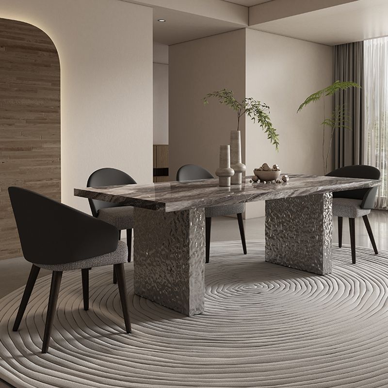 Glossy Gray Stone Dining Table Set 1/4/5/7 Pcs Dinette Set with Arm Chairs