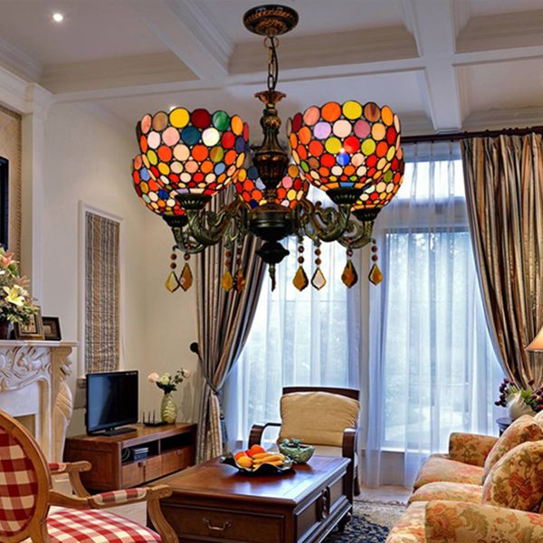 Ciotola in stile retrò lampada appesa vetro colorato 5 teste lampadario decorativo per sala da pranzo