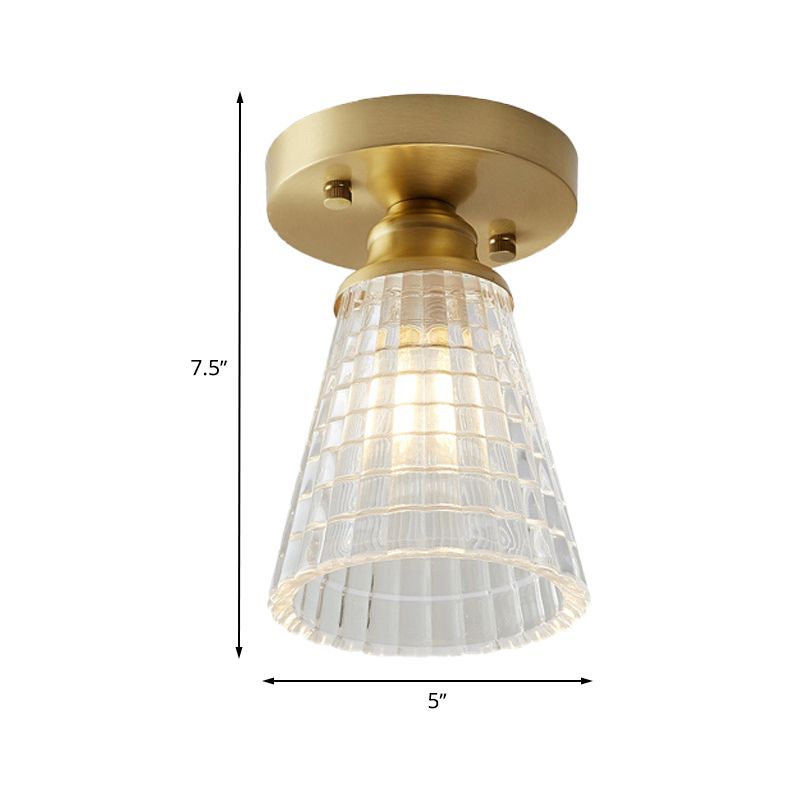 Single Bulb Semi Flush Mount Industrial Cone Clear Textured Glass Ceiling Light in Brass for Living Room