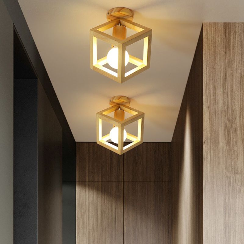 Geometric Corridor Small Flush-Mount Light Wooden 1 Head Modern Ceiling Light Fixture