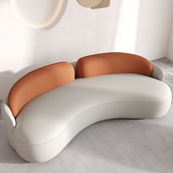 Contemporary Faux Leather Sofa Curved Cushions Back Sofa in White and Orange