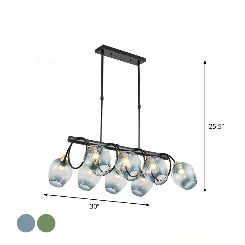 Wine Cup Island Light Modern Dimpled Blue/Green Ombre Glass 6/8/10-Head Black Suspended Lighting Fixture