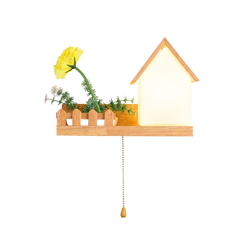 Modern Style House Shape Wall Light Wood 1 Light Sconces for Bedroom without Plant
