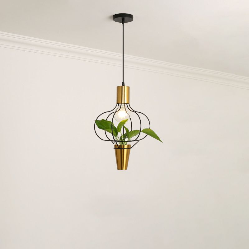 Iron Gold Finish Drop Pendant Triangle/Diamond/Oval 1-Light Industrial Suspension Lighting with Plant Container