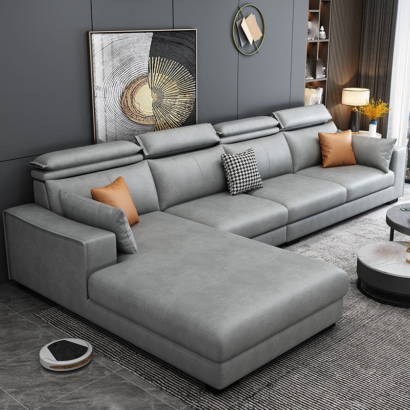 Faux Leather L-Shape Sectional Recessed Arm Sofa and Chaise with Pillowed Back Cushions