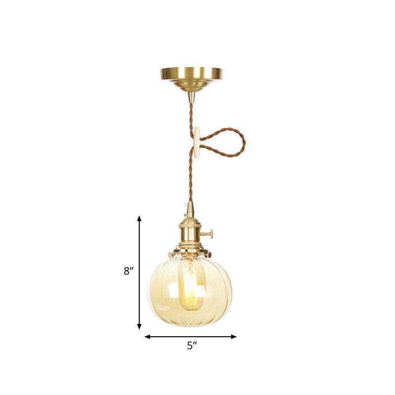 Melon Shape Pendant Lamp Amber Glass Retro Vintage Hanging Lamp for Dining Room