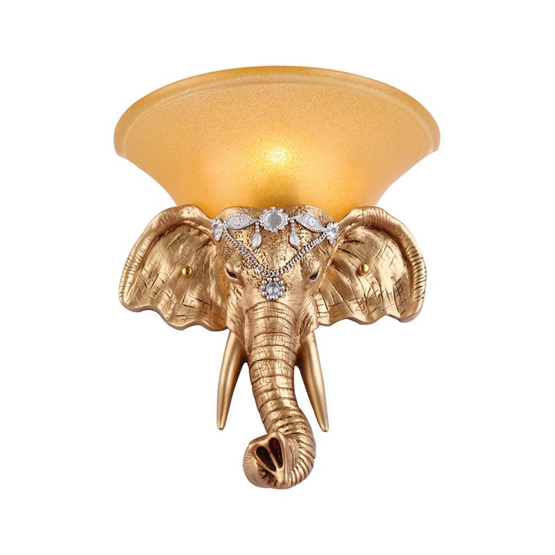 1 Bulb Resin Sconce Lamp Retro Style Golden Elephant Head Bedroom Wall Light with Flared Yellow Glass Shade
